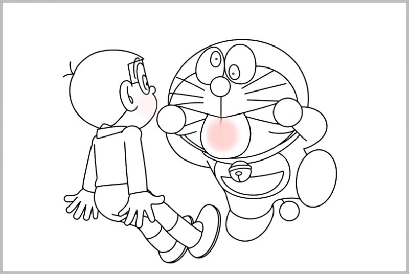Sketsa Doraemon dan Nobita sedang bercanda