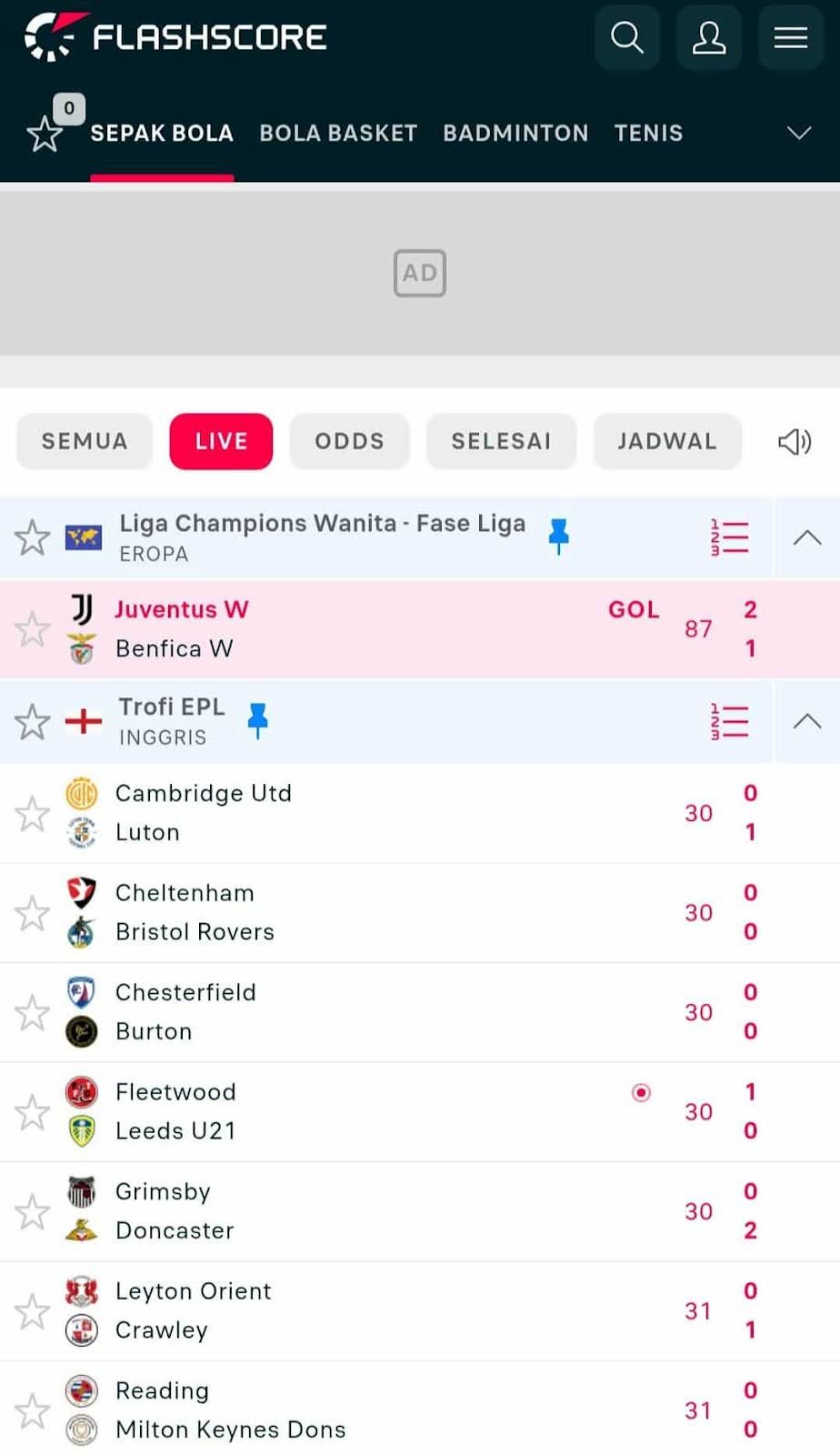 flashscore cek skor bola